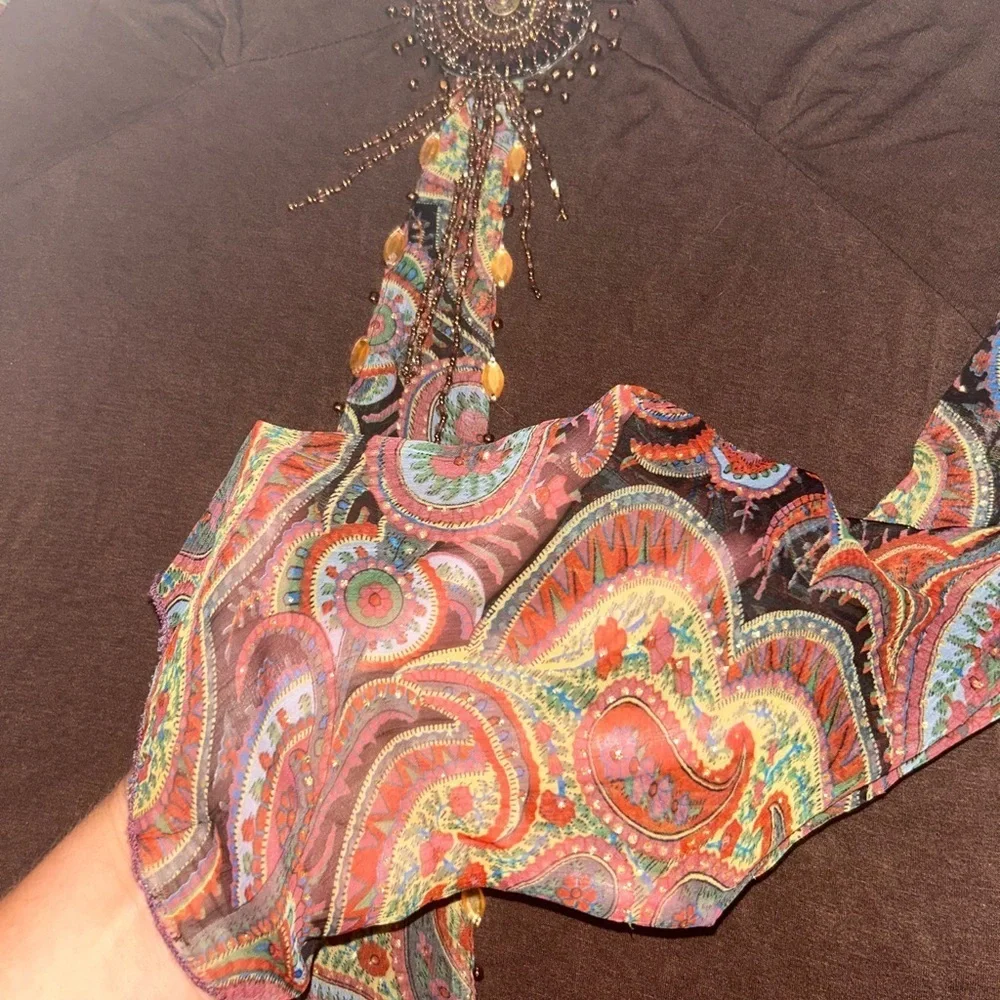 Vintage Brown Sequin Beaded Adorned Embellishments Top with Mesh Paisley Sleeves - Picture 2 of 8